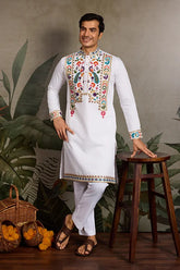 White Embroidered Mens Kurta